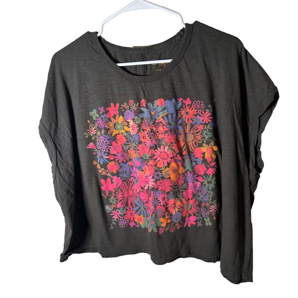 Natural Life T-Shirt Women's XXL Gray Crew Neck Boxy Floral Short Sleeve Artsy